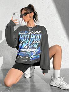 SHEIN EZwear Women's Loose Fit Crew Neck Sweatshirt With Racecar Print, European And American Style - Dark Grey - View 3