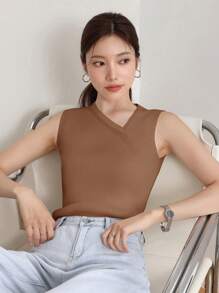 DAZY 女士不对称领纯色无袖商务休闲针织上衣 - 咖啡棕 - 查看 2