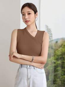 DAZY 女士不对称领纯色无袖商务休闲针织上衣 - 咖啡棕 - 查看 3