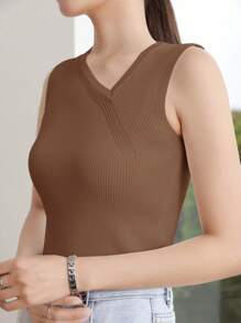 DAZY 女士不对称领纯色无袖商务休闲针织上衣 - 咖啡棕 - 查看 4