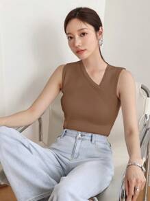 DAZY 女士不对称领纯色无袖商务休闲针织上衣 - 咖啡棕 - 查看 5