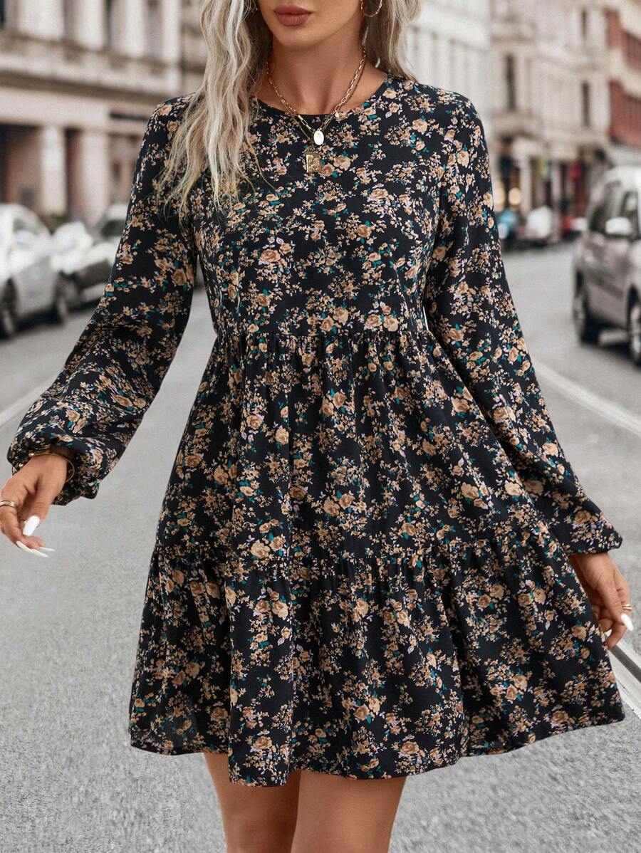 SHEIN Clasi Hängerkleid mit Blümchen Muster, Laternenärmeln, Rüschenbesatz,