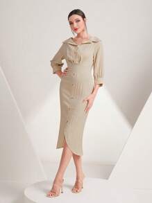 Modelyn 褶皺細節前紐扣襯衫洋裝 - 杏色 - 查看 4