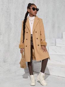 SHEIN Tween Girl Fuzzy Cuff Double Breasted Belted Overcoat - Camel - View 1