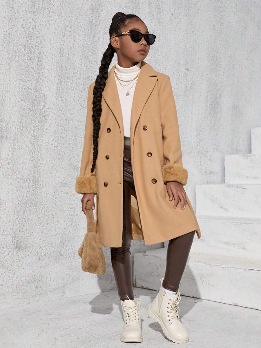 SHEIN Tween Girl Fuzzy Cuff Double Breasted Belted Overcoat - Camel - View 1