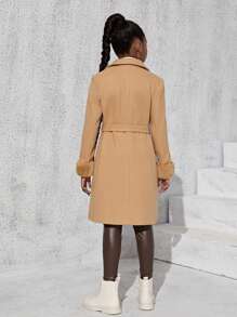 SHEIN Tween Girl Fuzzy Cuff Double Breasted Belted Overcoat - Camel - View 2