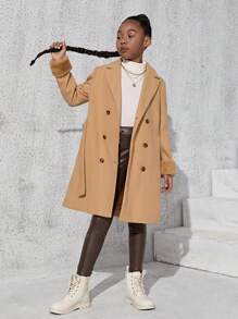SHEIN Tween Girl Fuzzy Cuff Double Breasted Belted Overcoat - Camel - View 3