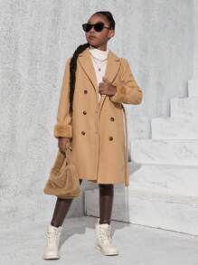 SHEIN Tween Girl Fuzzy Cuff Double Breasted Belted Overcoat - Camel - View 4