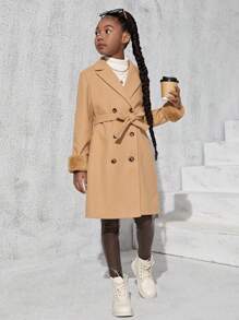 SHEIN Tween Girl Fuzzy Cuff Double Breasted Belted Overcoat - Camel - View 5
