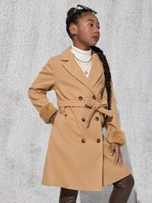 SHEIN Tween Girl Fuzzy Cuff Double Breasted Belted Overcoat - Camel - View 6