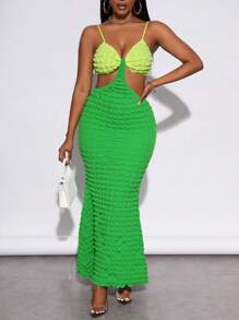 Zolique 雙色腰部鏤空魚尾裙下擺吊帶連衣裙 - 綠色 - 查看 3