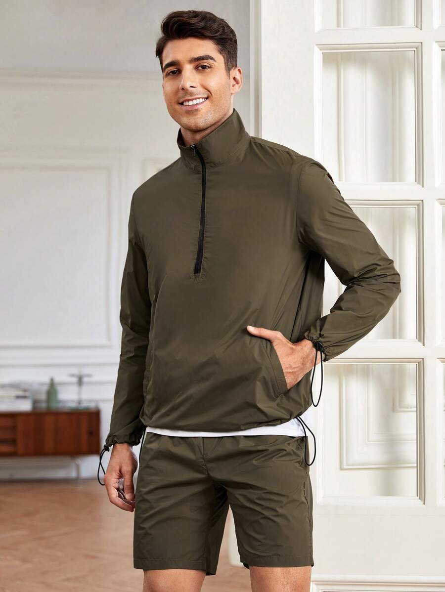 Manfinity RebelGame 男士半拉鏈抽繩下擺夾克&短褲 - 軍綠色 - 查看 1