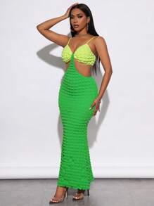 Zolique 雙色腰部鏤空魚尾裙下擺吊帶連衣裙 - 綠色 - 查看 4