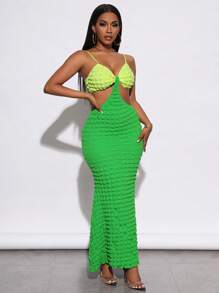 Zolique 雙色腰部鏤空魚尾裙下擺吊帶連衣裙 - 綠色 - 查看 5