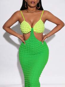 Zolique 雙色腰部鏤空魚尾裙下擺吊帶連衣裙 - 綠色 - 查看 7