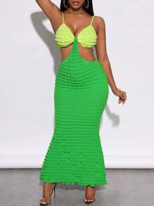 Zolique 雙色腰部鏤空魚尾裙下擺吊帶連衣裙 - 綠色 - 查看 1