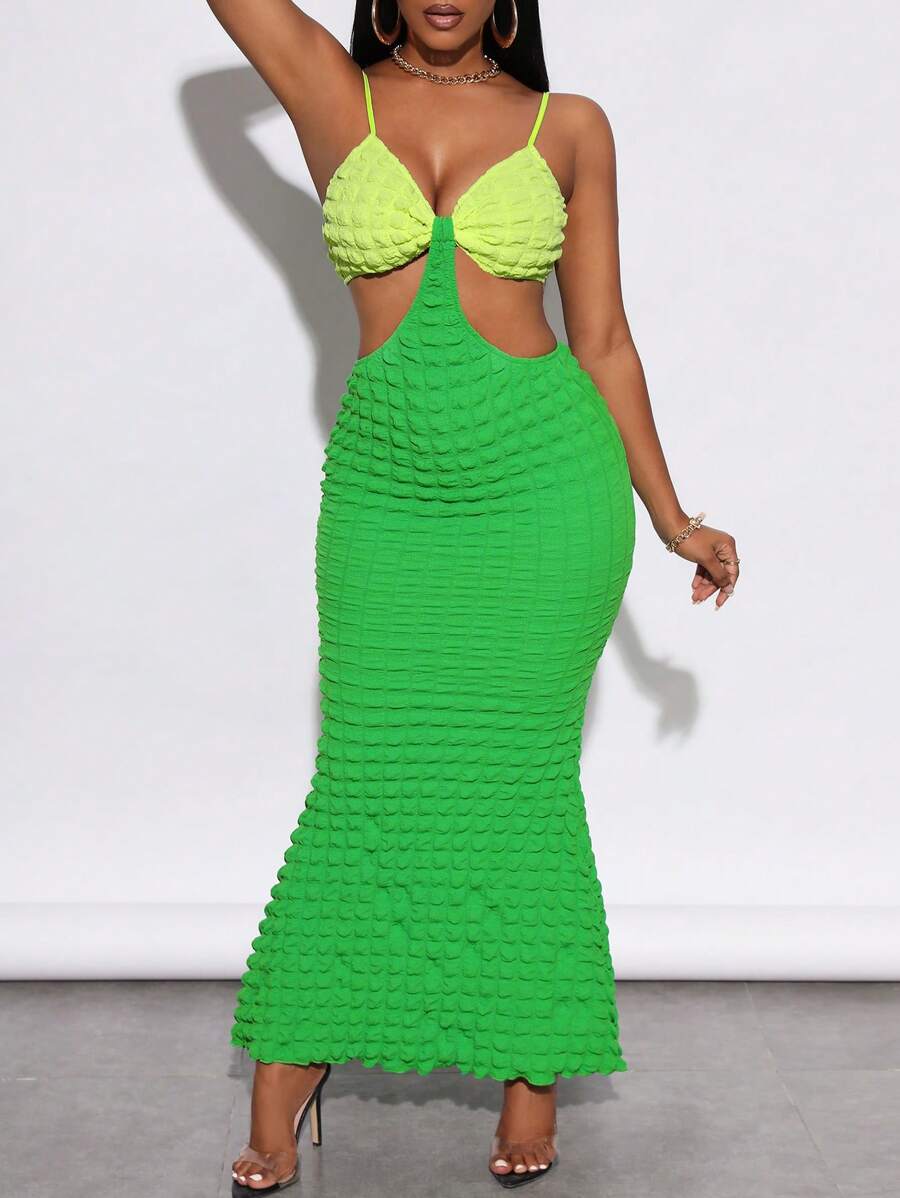 Zolique 雙色腰部鏤空魚尾裙下擺吊帶連衣裙 - 綠色 - 查看 1