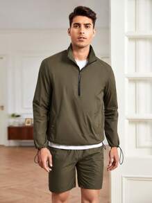 Manfinity RebelGame 男士半拉鏈抽繩下擺夾克&短褲 - 軍綠色 - 查看 7