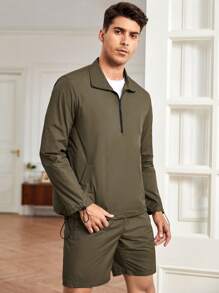 Manfinity RebelGame 男士半拉鏈抽繩下擺夾克&短褲 - 軍綠色 - 查看 8