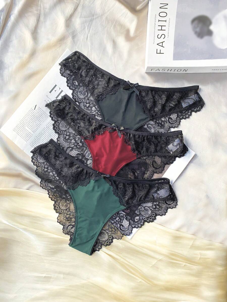 3pack Contrast Lace Bow Front Brief Lingerie Bow Tie - Multicolor - View 1
