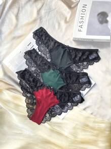 3pack Contrast Lace Bow Front Brief Lingerie Bow Tie - Multicolor - View 3