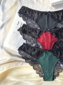3pack Contrast Lace Bow Front Brief Lingerie Bow Tie - Multicolor - View 7