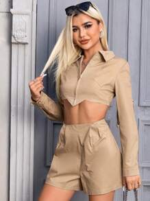 GENKIRA Zip Up Crop Blouse & Shorts Fall Cloth For Women - Khaki - View 3