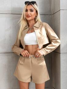 GENKIRA Zip Up Crop Blouse & Shorts Fall Cloth For Women - Khaki - View 1