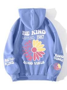 INAWLY Plus Size Floral & Slogan Graphic Drawstring Thermal Lined Sweatshirt, For Winter - Blue - View 1