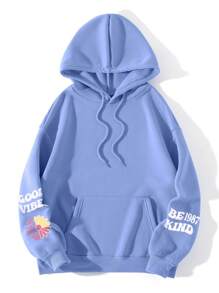 INAWLY Plus Size Floral & Slogan Graphic Drawstring Thermal Lined Sweatshirt, For Winter - Blue - View 2