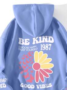 INAWLY Plus Size Floral & Slogan Graphic Drawstring Thermal Lined Sweatshirt, For Winter - Blue - View 4