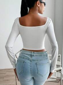 SHEIN Privé Square Neck Ruched Bust Crop White Tee - White - View 2