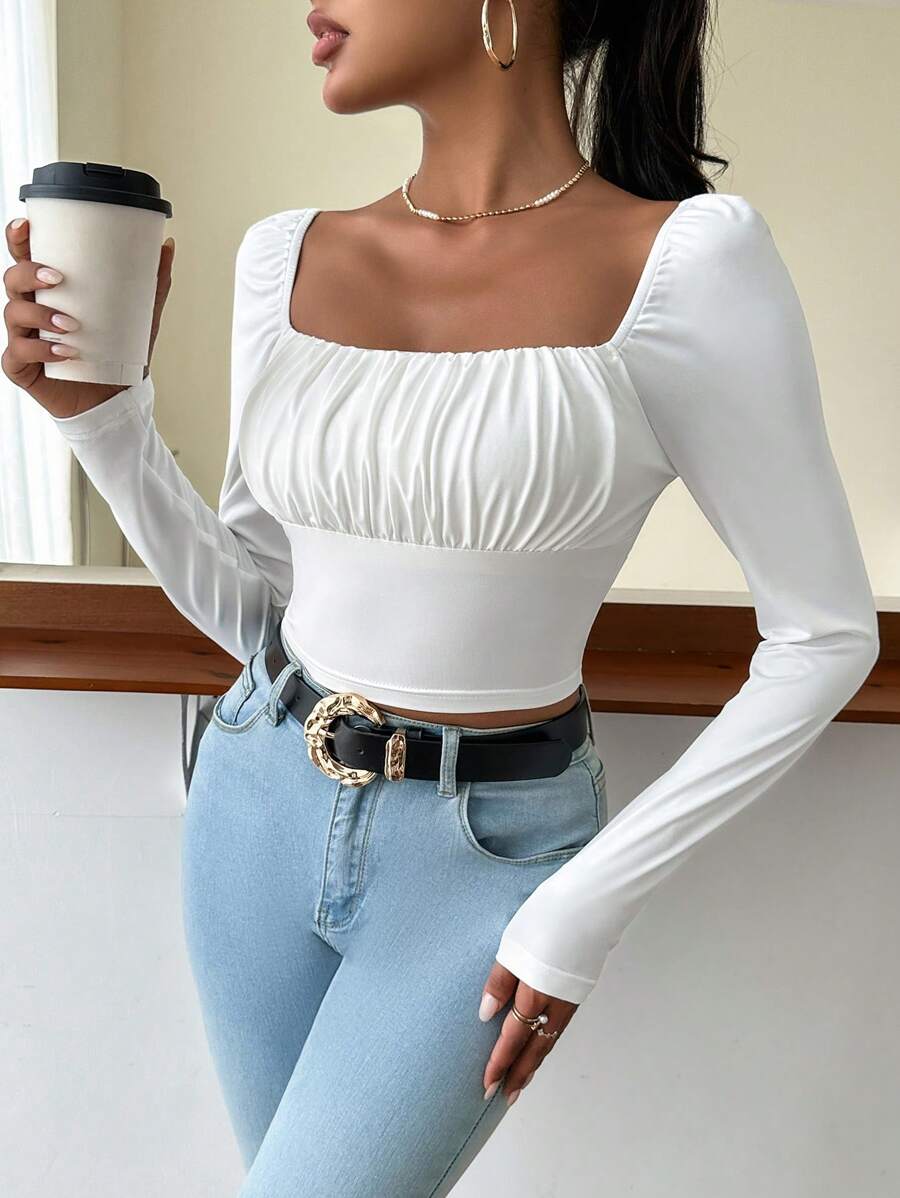 SHEIN Privé Square Neck Ruched Bust Crop White Tee - White - View 1