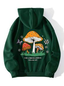 INAWLY Plus Size Mushroom & Slogan Graphic Kangaroo Pocket Drawstring Thermal Sweatshirt, Winter - Dark Green - View 1
