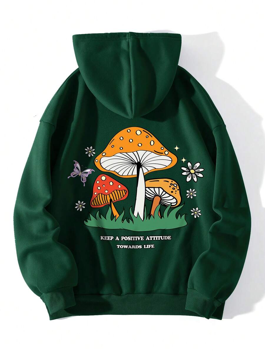 INAWLY Plus Size Mushroom & Slogan Graphic Kangaroo Pocket Drawstring Thermal Sweatshirt, Winter - Dark Green - View 1