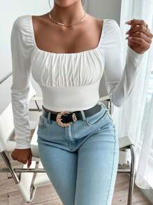 SHEIN Privé Square Neck Ruched Bust Crop White Tee - White - View 6