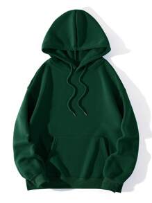INAWLY Plus Size Mushroom & Slogan Graphic Kangaroo Pocket Drawstring Thermal Sweatshirt, Winter - Dark Green - View 2