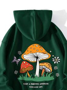 INAWLY Plus Size Mushroom & Slogan Graphic Kangaroo Pocket Drawstring Thermal Sweatshirt, Winter - Dark Green - View 3