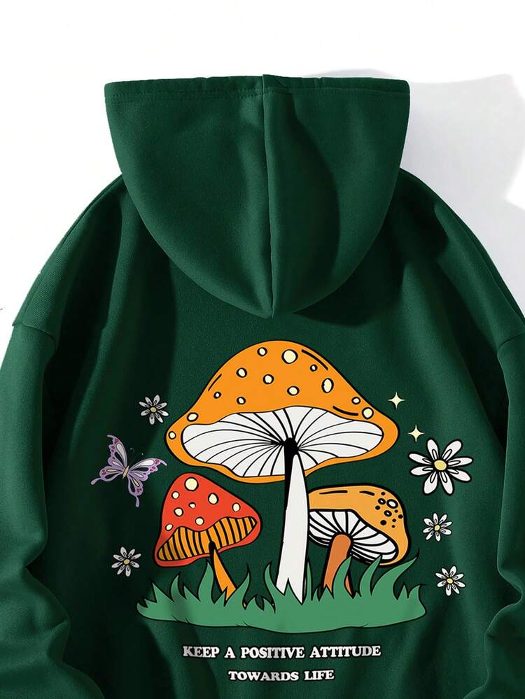 INAWLY 加大码蘑菇标语图案袋鼠口袋抽绳保暖卫衣，冬季款 - 墨綠色 - 查看 3