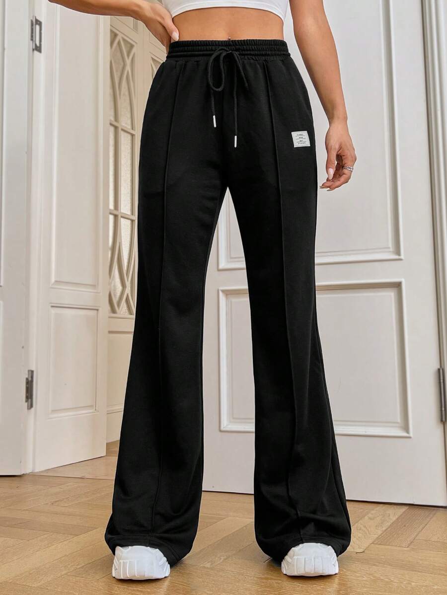 SHEIN EZwear 字母貼布腰部抽繩衛褲 - 黑色 - 查看 1