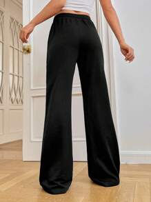 SHEIN EZwear 字母貼布腰部抽繩衛褲 - 黑色 - 查看 2