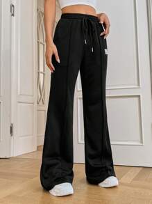 SHEIN EZwear 字母貼布腰部抽繩衛褲 - 黑色 - 查看 4