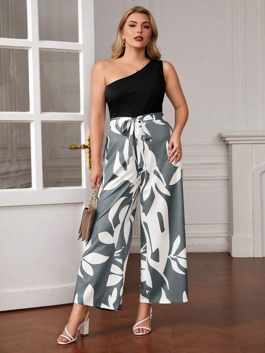 SHEIN LUNE Plus One Shoulder Top & Floral Print Belted Wide Leg Trousers - Grey - View 1