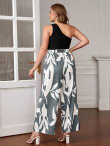 SHEIN LUNE Plus One Shoulder Top & Floral Print Belted Wide Leg Trousers - Grey - View 2