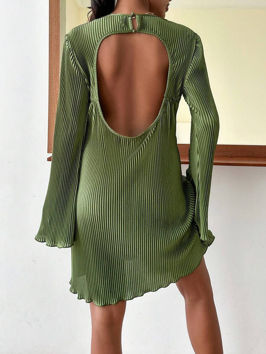 SHEIN Essnce Cut Out Backless Lettuce Trim Dress - Green - View 1