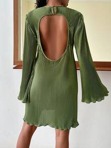 SHEIN Essnce Cut Out Backless Lettuce Trim Dress - Green - View 6