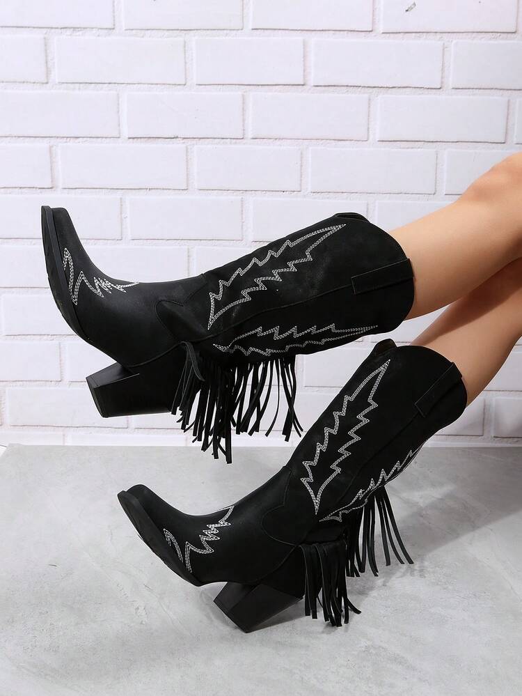 Women's Fringe Embellished Chunky Heel Western Boots, Riding Boots - Black - View 4