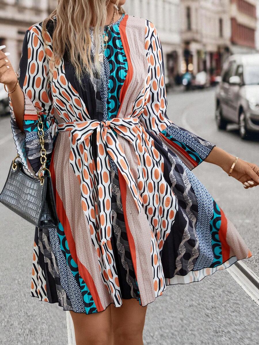 SHEIN Clasi Geo Print Belted Dress - Multicolor - View 1