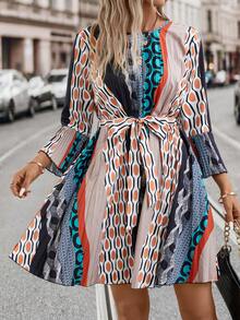 SHEIN Clasi Geo Print Belted Dress - Multicolor - View 3