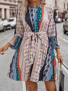 SHEIN Clasi Geo Print Belted Dress - Multicolor - View 4